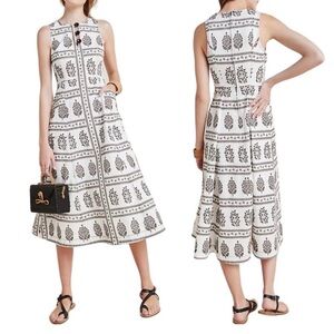 Anthropologie Woodblock Floral Printed Midi Fit & Flare Dress Size 6